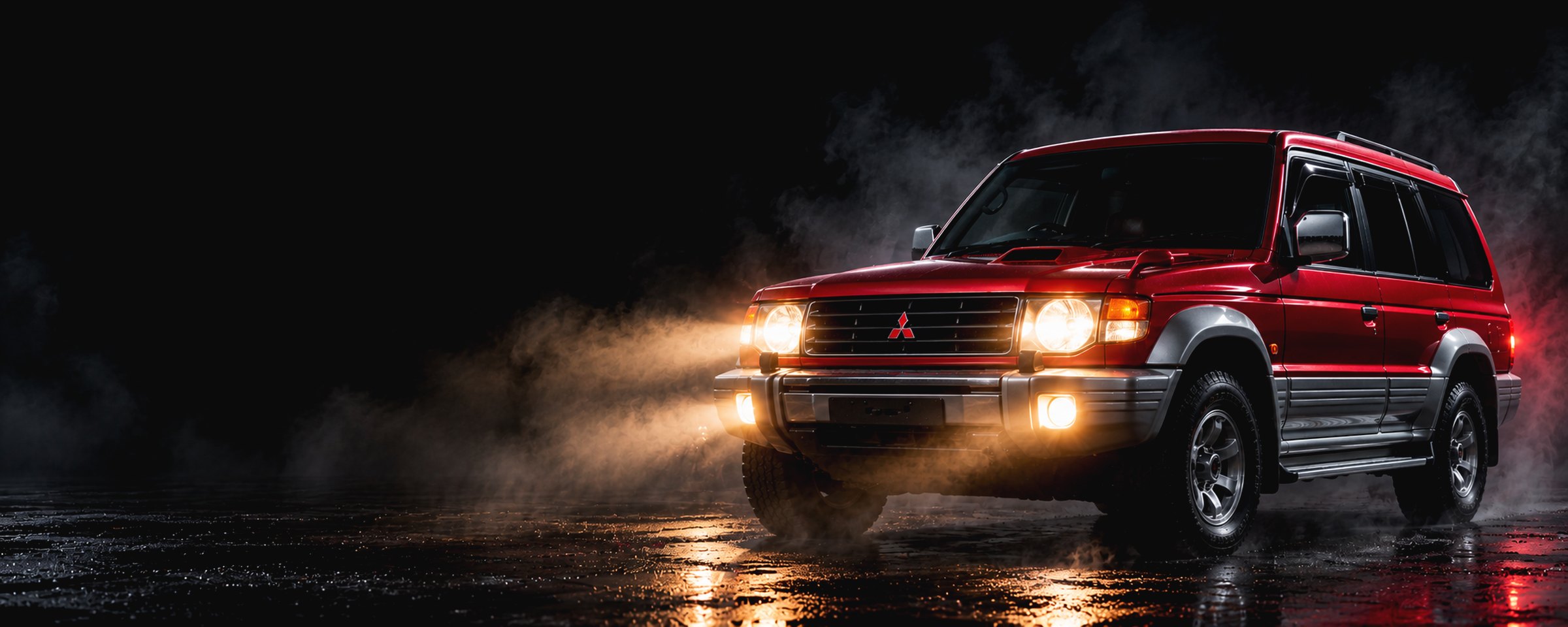 A Mitsubishi Pajero at night with its lights on